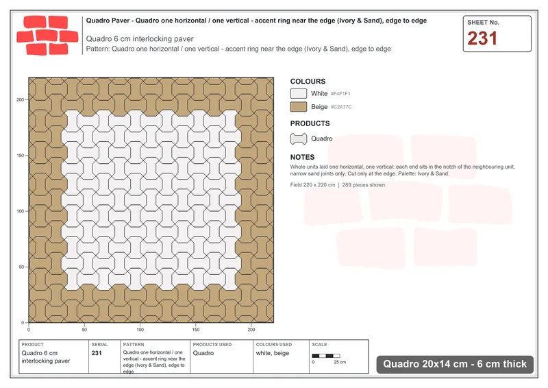 Interlock (Pasco) 20x14 cm · QUA-231 · Quadro one horizontal / one vertical - accent ring near the edge (Ivory & Sand), edge to edge · Laying plan