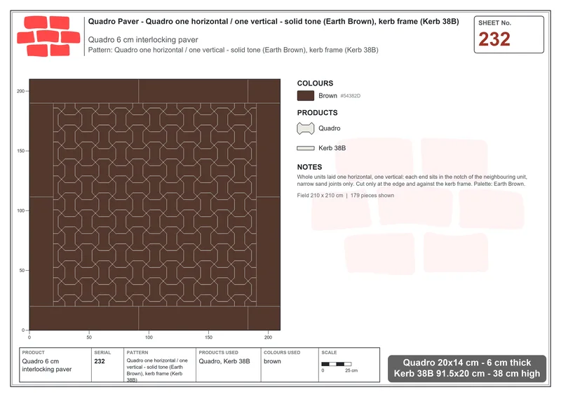 Interlock (Pasco) 20x14 cm · QUA-232 · Quadro one horizontal / one vertical - solid tone (Earth Brown), kerb frame (Kerb 38B) · Laying plan