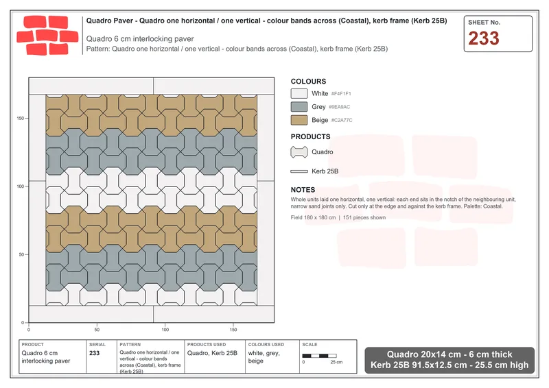 Interlock (Pasco) 20x14 cm · QUA-233 · Quadro one horizontal / one vertical - colour bands across (Coastal), kerb frame (Kerb 25B) · Laying plan