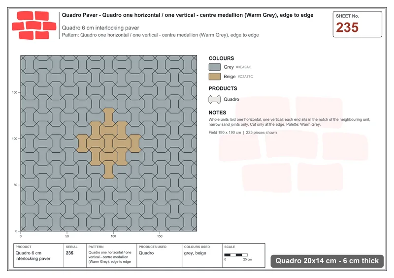 Interlock (Pasco) 20x14 cm · QUA-235 · Quadro one horizontal / one vertical - centre medallion (Warm Grey), edge to edge · Laying plan