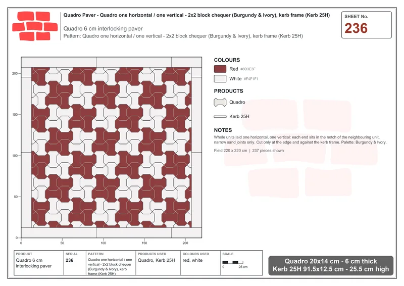 Interlock (Pasco) 20x14 cm · QUA-236 · Quadro one horizontal / one vertical - 2x2 block chequer (Burgundy & Ivory), kerb frame (Kerb 25H) · Laying plan
