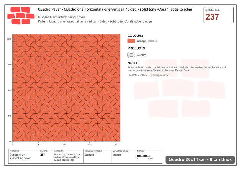 Interlock (Pasco) 20x14 cm · QUA-237 · Quadro one horizontal / one vertical, 45 deg - solid tone (Coral), edge to edge · Laying plan