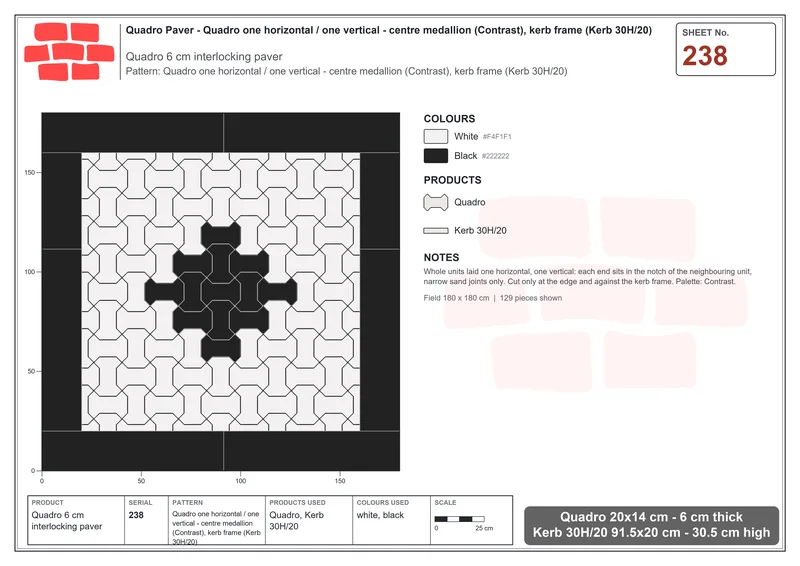 Interlock (Pasco) 20x14 cm · QUA-238 · Quadro one horizontal / one vertical - centre medallion (Contrast), kerb frame (Kerb 30H/20) · Laying plan