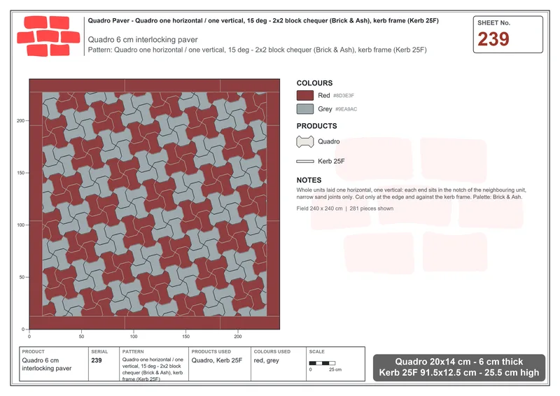 Interlock (Pasco) 20x14 cm · QUA-239 · Quadro one horizontal / one vertical, 15 deg - 2x2 block chequer (Brick & Ash), kerb frame (Kerb 25F) · Laying plan