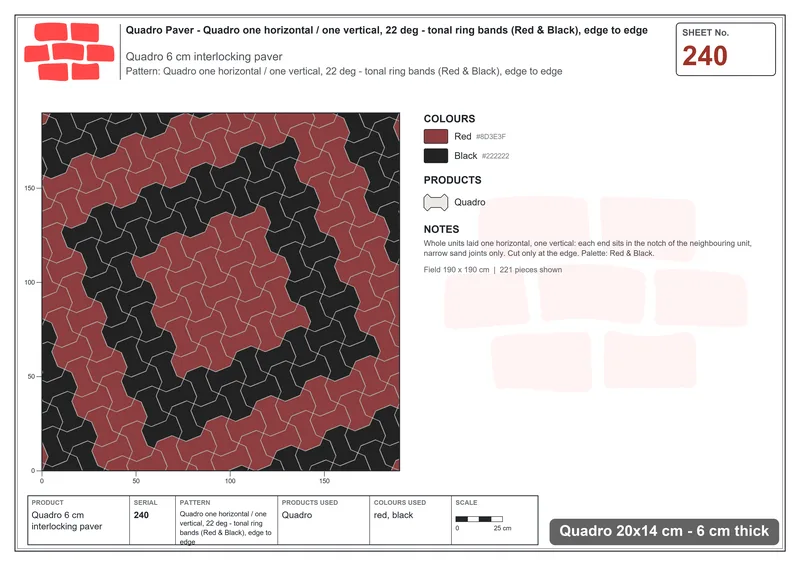 Interlock (Pasco) 20x14 cm · QUA-240 · Quadro one horizontal / one vertical, 22 deg - tonal ring bands (Red & Black), edge to edge · Laying plan