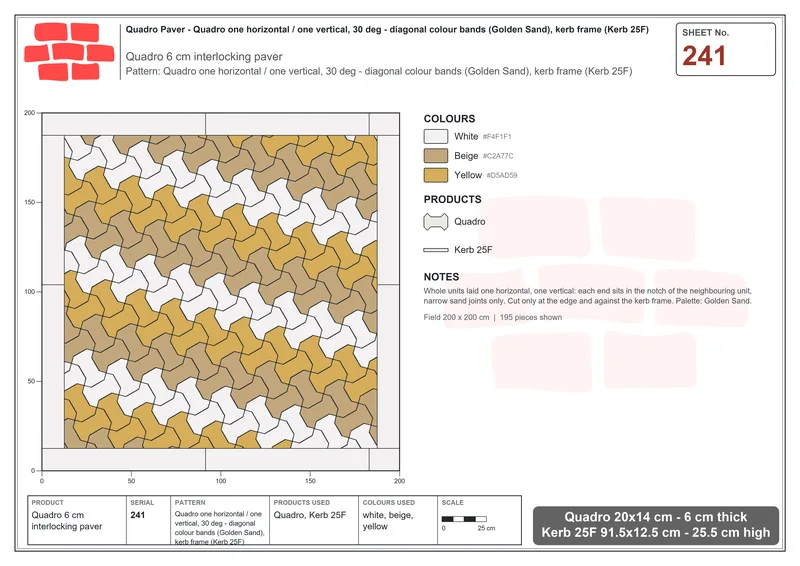 Interlock (Pasco) 20x14 cm · QUA-241 · Quadro one horizontal / one vertical, 30 deg - diagonal colour bands (Golden Sand), kerb frame (Kerb 25F) · Laying plan