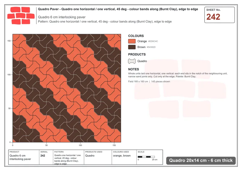 Interlock (Pasco) 20x14 cm · QUA-242 · Quadro one horizontal / one vertical, 45 deg - colour bands along (Burnt Clay), edge to edge · Laying plan