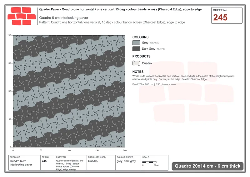 Interlock (Pasco) 20x14 cm · QUA-245 · Quadro one horizontal / one vertical, 15 deg - colour bands across (Charcoal Edge), edge to edge · Laying plan