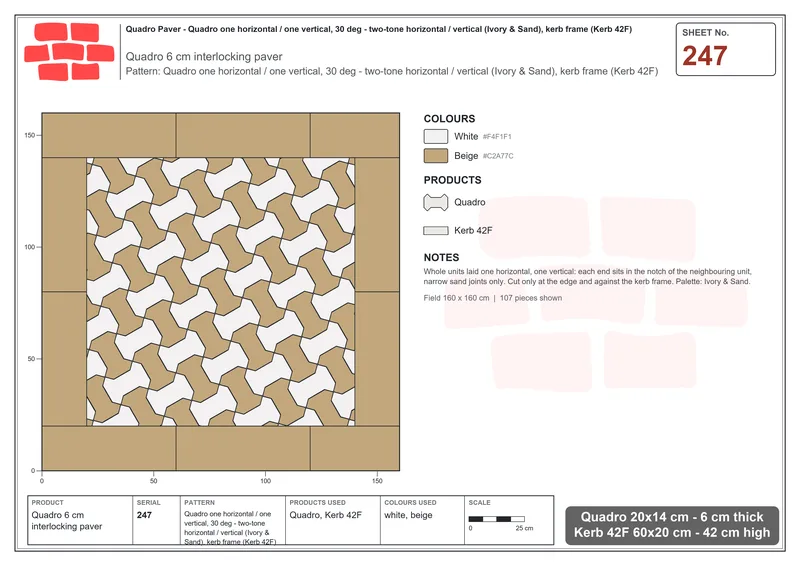 Interlock (Pasco) 20x14 cm · QUA-247 · Quadro one horizontal / one vertical, 30 deg - two-tone horizontal / vertical (Ivory & Sand), kerb frame (Kerb 42F) · Laying plan