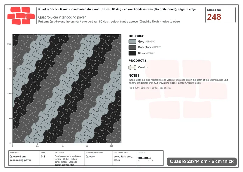 Interlock (Pasco) 20x14 cm · QUA-248 · Quadro one horizontal / one vertical, 60 deg - colour bands across (Graphite Scale), edge to edge · Laying plan