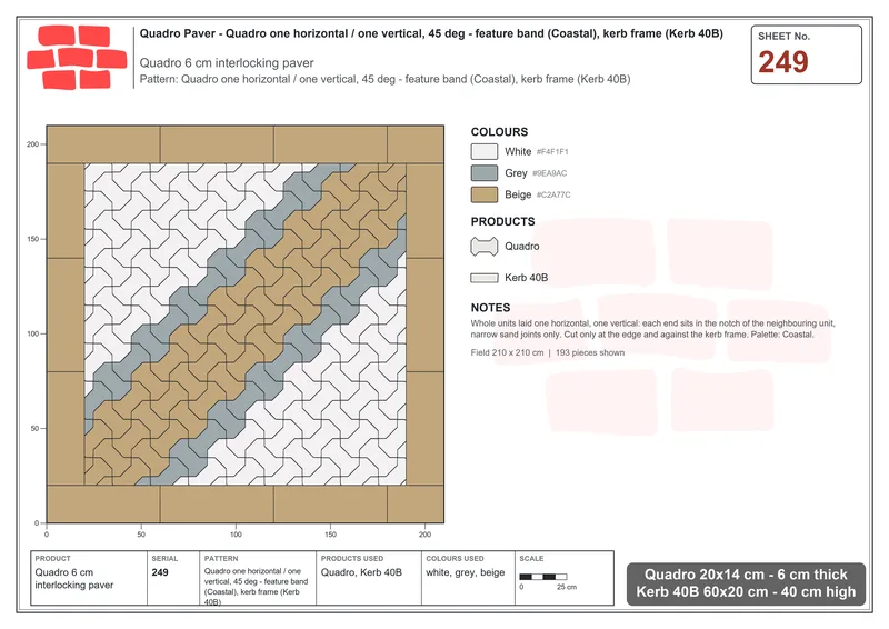 Interlock (Pasco) 20x14 cm · QUA-249 · Quadro one horizontal / one vertical, 45 deg - feature band (Coastal), kerb frame (Kerb 40B) · Laying plan