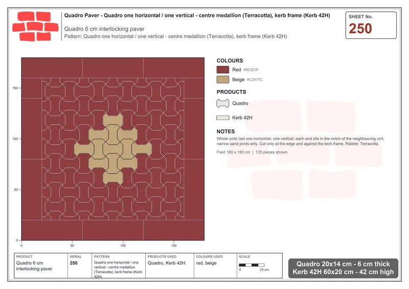 Interlock (Pasco) 20x14 cm · QUA-250 · Quadro one horizontal / one vertical - centre medallion (Terracotta), kerb frame (Kerb 42H) · Laying plan