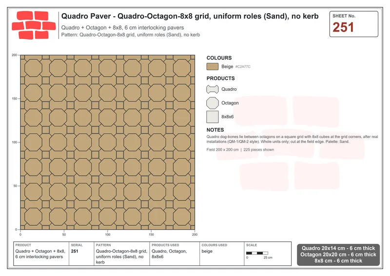 Interlock (Pasco) 20x14 cm · QUA-251 · Quadro-Octagon-8x8 grid, uniform roles (Sand), no kerb · Laying plan