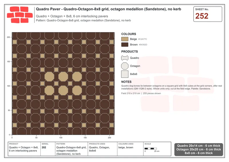 Interlock (Pasco) 20x14 cm · QUA-252 · Quadro-Octagon-8x8 grid, octagon medallion (Sandstone), no kerb · Laying plan