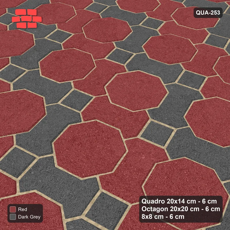 Interlock (Pasco) 20x14 cm · QUA-253 · Quadro-Octagon-8x8 grid, chequered Quadros, 15 deg (Rust & Charcoal), Kerb 25F kerb · Side view Interlock (Pasco) 20x14 cm · QUA-253 · Quadro-Octagon-8x8 grid, chequered Quadros, 15 deg (Rust & Charcoal), Kerb 25F kerb · Side view
