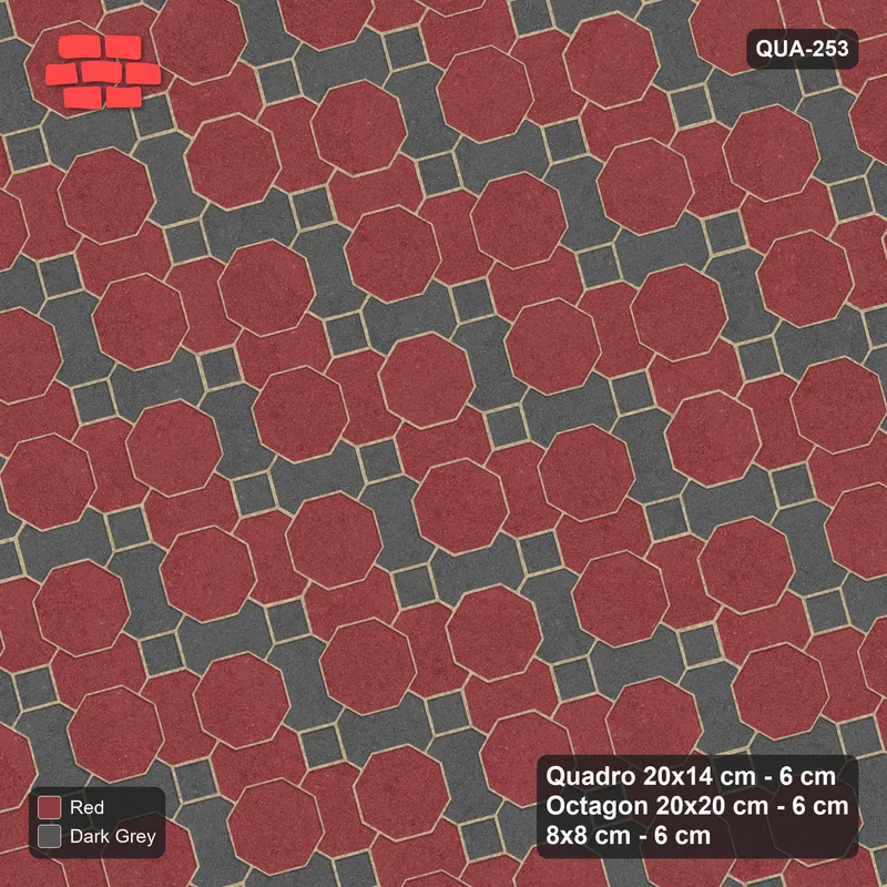 Interlock (Pasco) 20x14 cm · QUA-253 · Quadro-Octagon-8x8 grid, chequered Quadros, 15 deg (Rust & Charcoal), Kerb 25F kerb · Top view Interlock (Pasco) 20x14 cm · QUA-253 · Quadro-Octagon-8x8 grid, chequered Quadros, 15 deg (Rust & Charcoal), Kerb 25F kerb · Top view