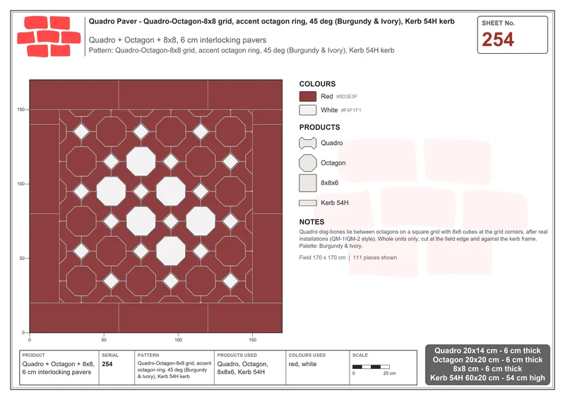 Interlock (Pasco) 20x14 cm · QUA-254 · Quadro-Octagon-8x8 grid, accent octagon ring, 45 deg (Burgundy & Ivory), Kerb 54H kerb · Laying plan