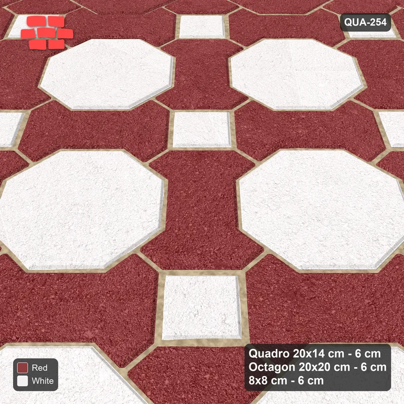Interlock (Pasco) 20x14 cm · QUA-254 · Quadro-Octagon-8x8 grid, accent octagon ring, 45 deg (Burgundy & Ivory), Kerb 54H kerb · Side view Interlock (Pasco) 20x14 cm · QUA-254 · Quadro-Octagon-8x8 grid, accent octagon ring, 45 deg (Burgundy & Ivory), Kerb 54H kerb · Side view