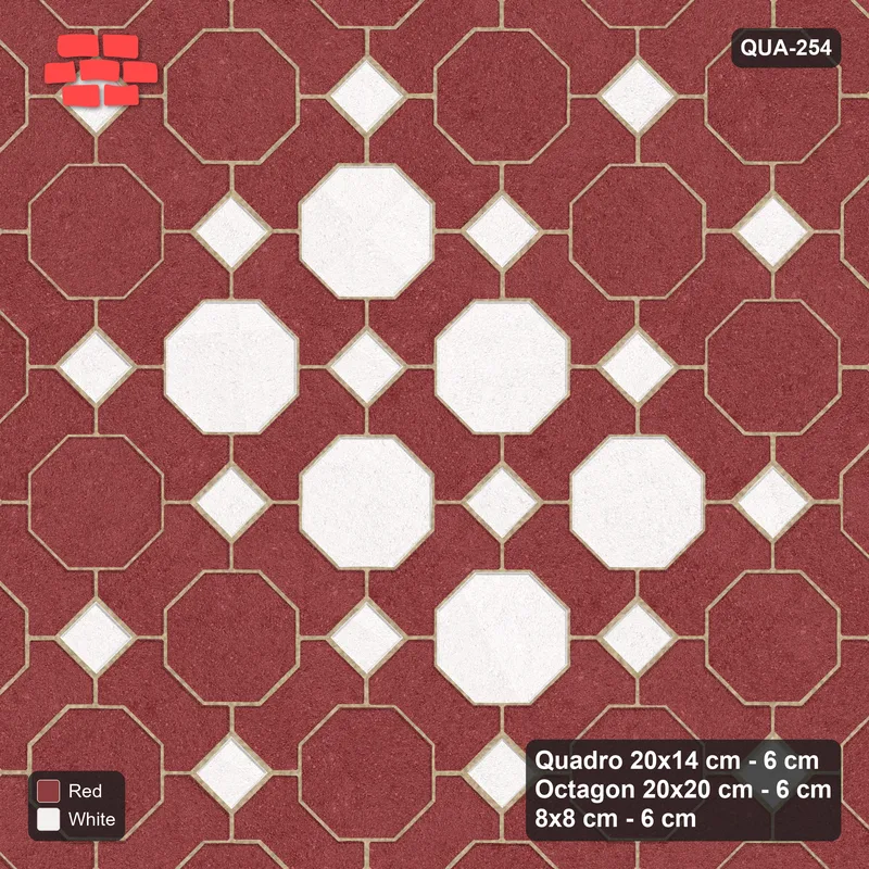 Interlock (Pasco) 20x14 cm · QUA-254 · Quadro-Octagon-8x8 grid, accent octagon ring, 45 deg (Burgundy & Ivory), Kerb 54H kerb · Top view Interlock (Pasco) 20x14 cm · QUA-254 · Quadro-Octagon-8x8 grid, accent octagon ring, 45 deg (Burgundy & Ivory), Kerb 54H kerb · Top view