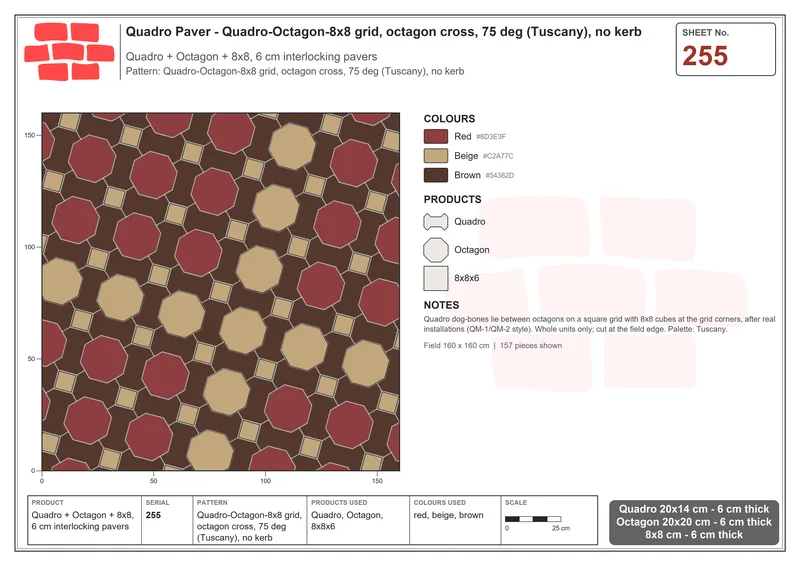 Interlock (Pasco) 20x14 cm · QUA-255 · Quadro-Octagon-8x8 grid, octagon cross, 75 deg (Tuscany), no kerb · Laying plan