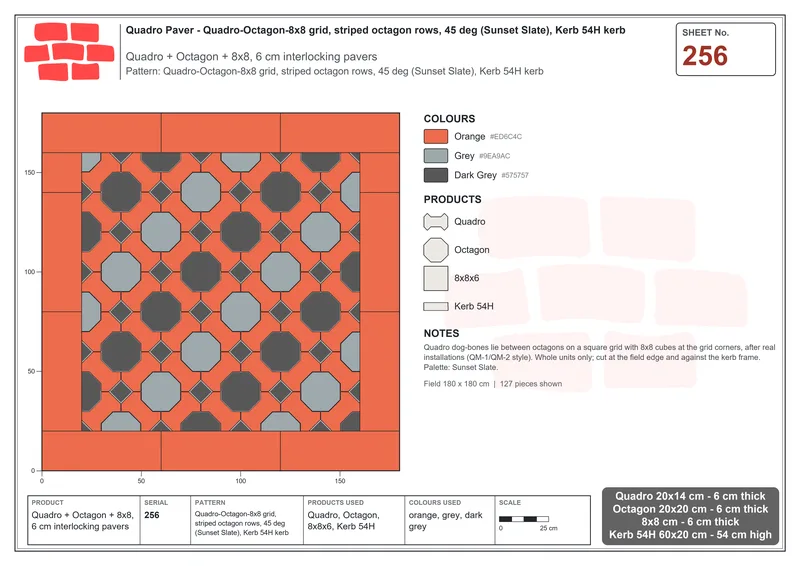 Interlock (Pasco) 20x14 cm · QUA-256 · Quadro-Octagon-8x8 grid, striped octagon rows, 45 deg (Sunset Slate), Kerb 54H kerb · Laying plan