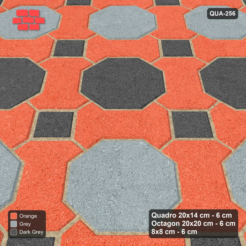 Interlock (Pasco) 20x14 cm · QUA-256 · Quadro-Octagon-8x8 grid, striped octagon rows, 45 deg (Sunset Slate), Kerb 54H kerb · Side view Interlock (Pasco) 20x14 cm · QUA-256 · Quadro-Octagon-8x8 grid, striped octagon rows, 45 deg (Sunset Slate), Kerb 54H kerb · Side view