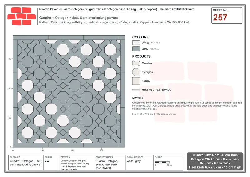 Interlock (Pasco) 20x14 cm · QUA-257 · Quadro-Octagon-8x8 grid, vertical octagon band, 45 deg (Salt & Pepper), Heel kerb 75x150x600 kerb · Laying plan