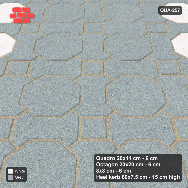 Interlock (Pasco) 20x14 cm · QUA-257 · Quadro-Octagon-8x8 grid, vertical octagon band, 45 deg (Salt & Pepper), Heel kerb 75x150x600 kerb · Side view Interlock (Pasco) 20x14 cm · QUA-257 · Quadro-Octagon-8x8 grid, vertical octagon band, 45 deg (Salt & Pepper), Heel kerb 75x150x600 kerb · Side view