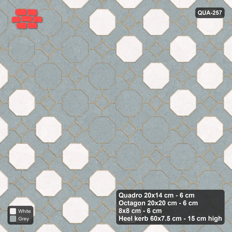 Interlock (Pasco) 20x14 cm · QUA-257 · Quadro-Octagon-8x8 grid, vertical octagon band, 45 deg (Salt & Pepper), Heel kerb 75x150x600 kerb · Top view Interlock (Pasco) 20x14 cm · QUA-257 · Quadro-Octagon-8x8 grid, vertical octagon band, 45 deg (Salt & Pepper), Heel kerb 75x150x600 kerb · Top view