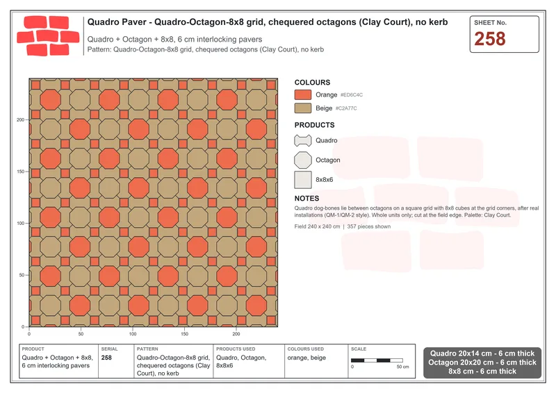 Interlock (Pasco) 20x14 cm · QUA-258 · Quadro-Octagon-8x8 grid, chequered octagons (Clay Court), no kerb · Laying plan
