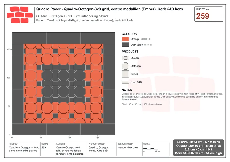 Interlock (Pasco) 20x14 cm · QUA-259 · Quadro-Octagon-8x8 grid, centre medallion (Ember), Kerb 54B kerb · Laying plan