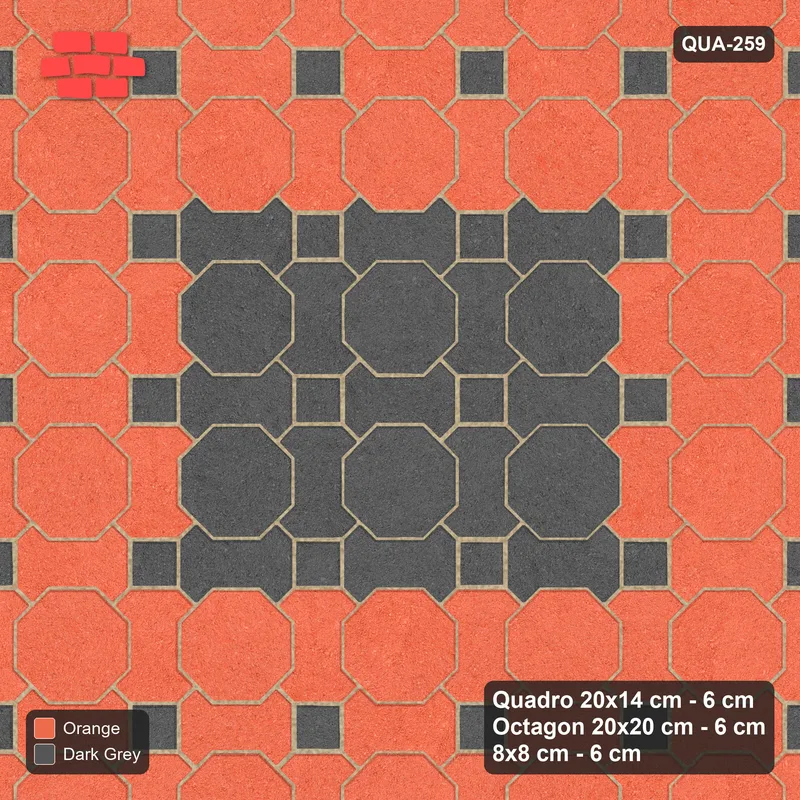 Interlock (Pasco) 20x14 cm · QUA-259 · Quadro-Octagon-8x8 grid, centre medallion (Ember), Kerb 54B kerb · Top view Interlock (Pasco) 20x14 cm · QUA-259 · Quadro-Octagon-8x8 grid, centre medallion (Ember), Kerb 54B kerb · Top view