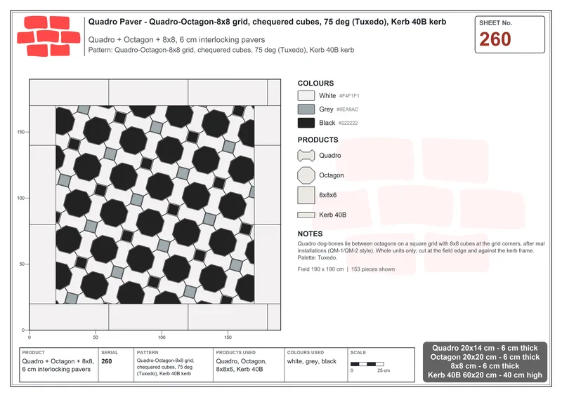 Interlock (Pasco) 20x14 cm · QUA-260 · Quadro-Octagon-8x8 grid, chequered cubes, 75 deg (Tuxedo), Kerb 40B kerb · Laying plan