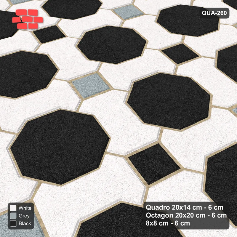 Interlock (Pasco) 20x14 cm · QUA-260 · Quadro-Octagon-8x8 grid, chequered cubes, 75 deg (Tuxedo), Kerb 40B kerb · Side view Interlock (Pasco) 20x14 cm · QUA-260 · Quadro-Octagon-8x8 grid, chequered cubes, 75 deg (Tuxedo), Kerb 40B kerb · Side view