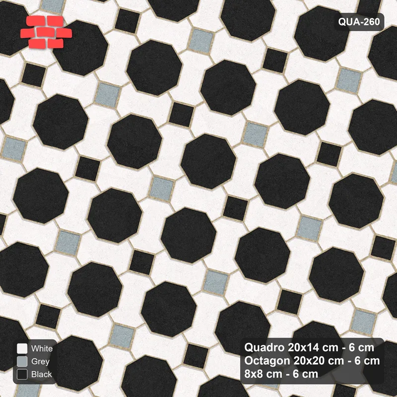 Interlock (Pasco) 20x14 cm · QUA-260 · Quadro-Octagon-8x8 grid, chequered cubes, 75 deg (Tuxedo), Kerb 40B kerb · Top view Interlock (Pasco) 20x14 cm · QUA-260 · Quadro-Octagon-8x8 grid, chequered cubes, 75 deg (Tuxedo), Kerb 40B kerb · Top view