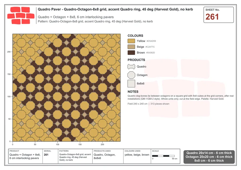 Interlock (Pasco) 20x14 cm · QUA-261 · Quadro-Octagon-8x8 grid, accent Quadro ring, 45 deg (Harvest Gold), no kerb · Laying plan