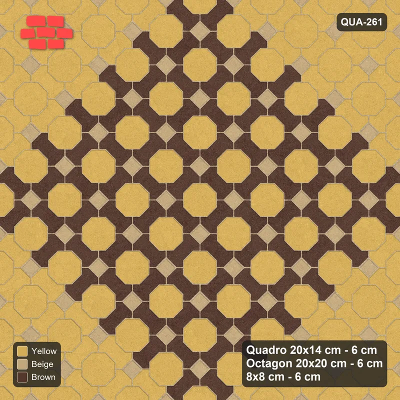 Interlock (Pasco) 20x14 cm · QUA-261 · Quadro-Octagon-8x8 grid, accent Quadro ring, 45 deg (Harvest Gold), no kerb · Top view Interlock (Pasco) 20x14 cm · QUA-261 · Quadro-Octagon-8x8 grid, accent Quadro ring, 45 deg (Harvest Gold), no kerb · Top view