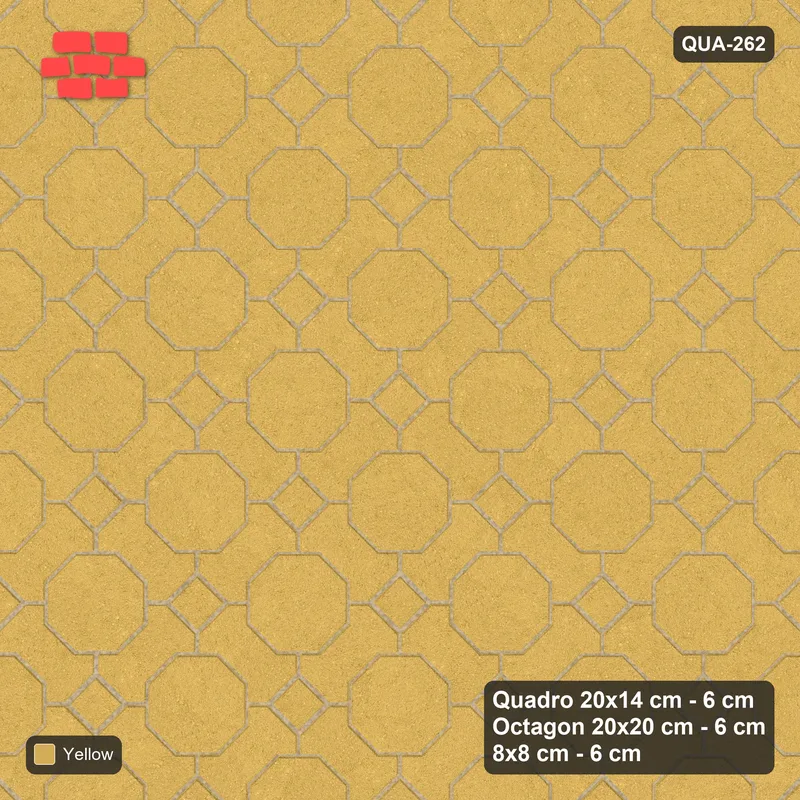 Interlock (Pasco) 20x14 cm · QUA-262 · Quadro-Octagon-8x8 grid, uniform roles, 45 deg (Ochre), Kerb 40B kerb · Top view Interlock (Pasco) 20x14 cm · QUA-262 · Quadro-Octagon-8x8 grid, uniform roles, 45 deg (Ochre), Kerb 40B kerb · Top view