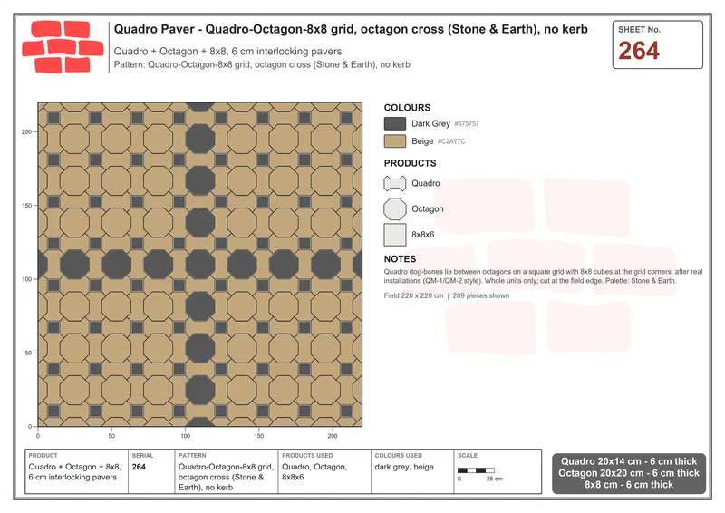 Interlock (Pasco) 20x14 cm · QUA-264 · Quadro-Octagon-8x8 grid, octagon cross (Stone & Earth), no kerb · Laying plan