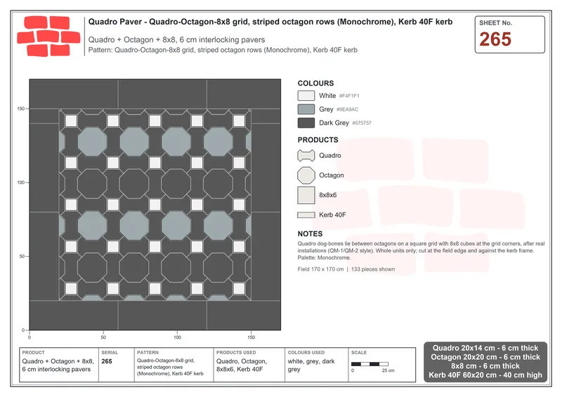 Interlock (Pasco) 20x14 cm · QUA-265 · Quadro-Octagon-8x8 grid, striped octagon rows (Monochrome), Kerb 40F kerb · Laying plan