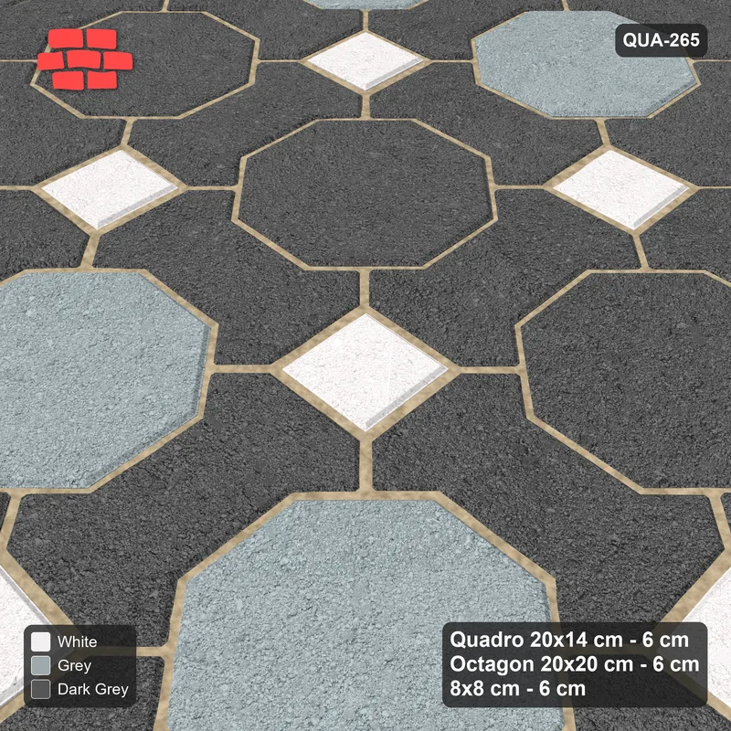 Interlock (Pasco) 20x14 cm · QUA-265 · Quadro-Octagon-8x8 grid, striped octagon rows (Monochrome), Kerb 40F kerb · Side view Interlock (Pasco) 20x14 cm · QUA-265 · Quadro-Octagon-8x8 grid, striped octagon rows (Monochrome), Kerb 40F kerb · Side view