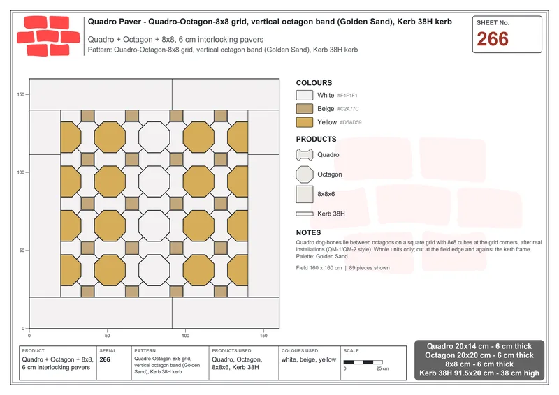 Interlock (Pasco) 20x14 cm · QUA-266 · Quadro-Octagon-8x8 grid, vertical octagon band (Golden Sand), Kerb 38H kerb · Laying plan