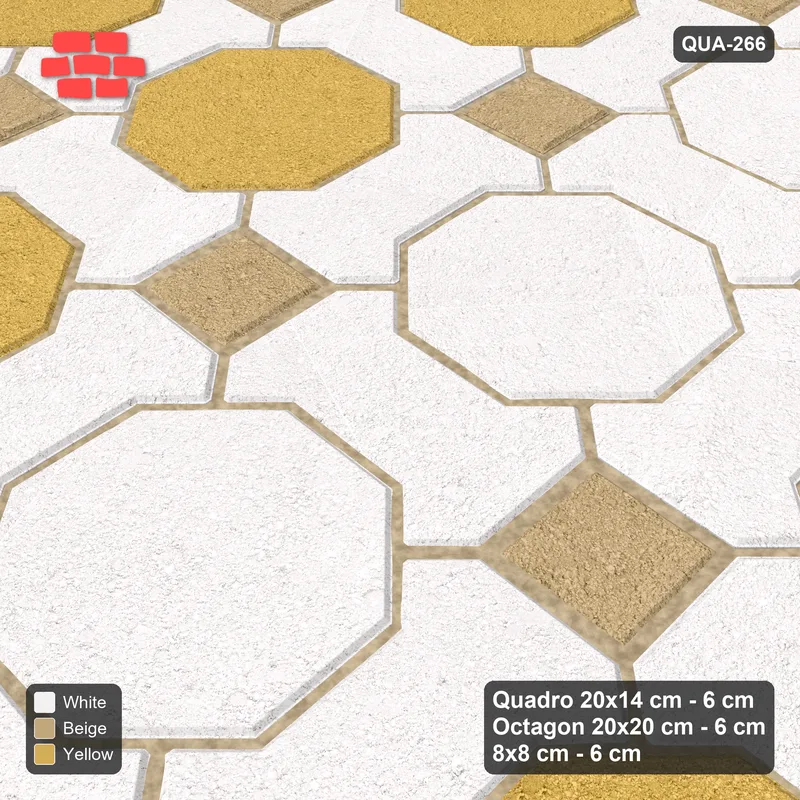 Interlock (Pasco) 20x14 cm · QUA-266 · Quadro-Octagon-8x8 grid, vertical octagon band (Golden Sand), Kerb 38H kerb · Side view Interlock (Pasco) 20x14 cm · QUA-266 · Quadro-Octagon-8x8 grid, vertical octagon band (Golden Sand), Kerb 38H kerb · Side view