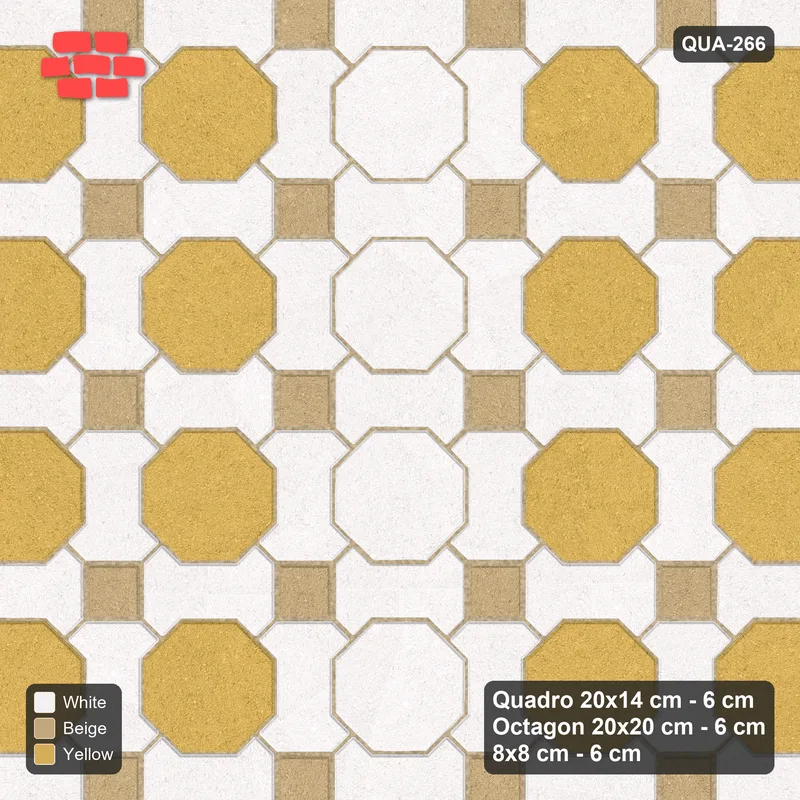 Interlock (Pasco) 20x14 cm · QUA-266 · Quadro-Octagon-8x8 grid, vertical octagon band (Golden Sand), Kerb 38H kerb · Top view Interlock (Pasco) 20x14 cm · QUA-266 · Quadro-Octagon-8x8 grid, vertical octagon band (Golden Sand), Kerb 38H kerb · Top view