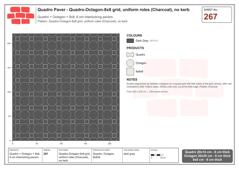 Interlock (Pasco) 20x14 cm · QUA-267 · Quadro-Octagon-8x8 grid, uniform roles (Charcoal), no kerb · Laying plan