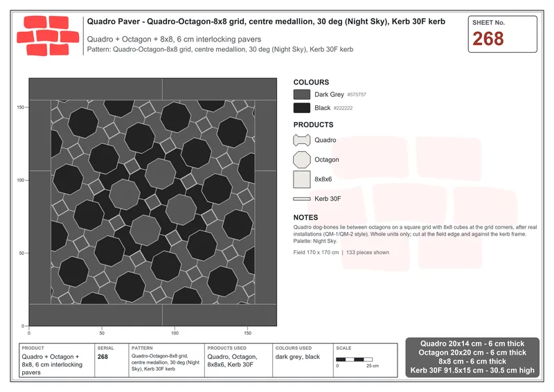 Interlock (Pasco) 20x14 cm · QUA-268 · Quadro-Octagon-8x8 grid, centre medallion, 30 deg (Night Sky), Kerb 30F kerb · Laying plan