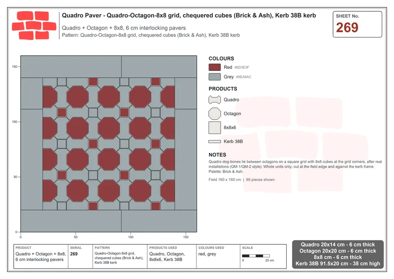 Interlock (Pasco) 20x14 cm · QUA-269 · Quadro-Octagon-8x8 grid, chequered cubes (Brick & Ash), Kerb 38B kerb · Laying plan