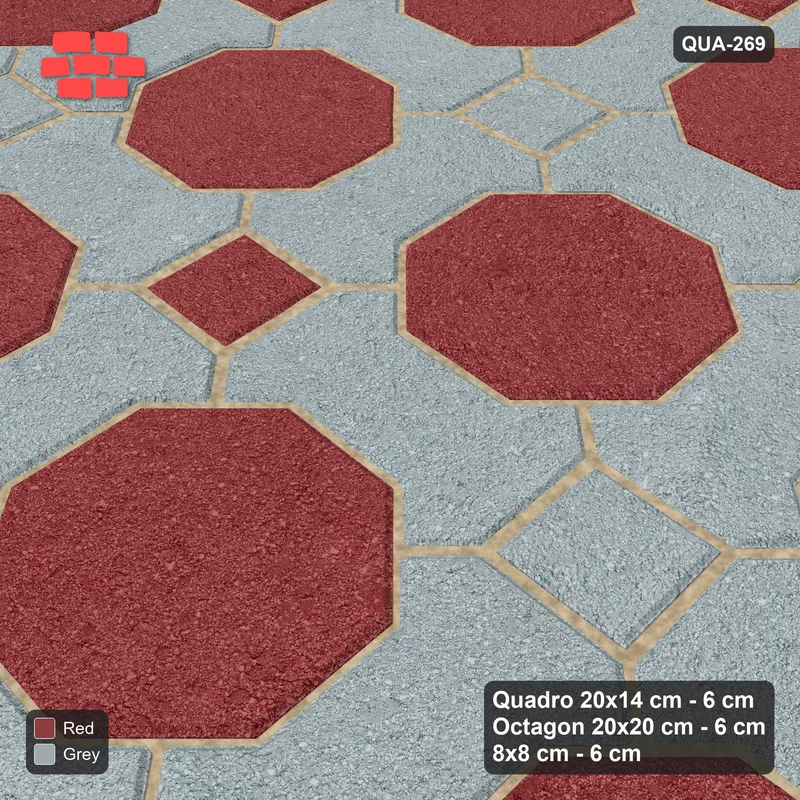 Interlock (Pasco) 20x14 cm · QUA-269 · Quadro-Octagon-8x8 grid, chequered cubes (Brick & Ash), Kerb 38B kerb · Side view Interlock (Pasco) 20x14 cm · QUA-269 · Quadro-Octagon-8x8 grid, chequered cubes (Brick & Ash), Kerb 38B kerb · Side view