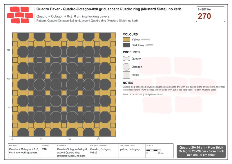 Interlock (Pasco) 20x14 cm · QUA-270 · Quadro-Octagon-8x8 grid, accent Quadro ring (Mustard Slate), no kerb · Laying plan