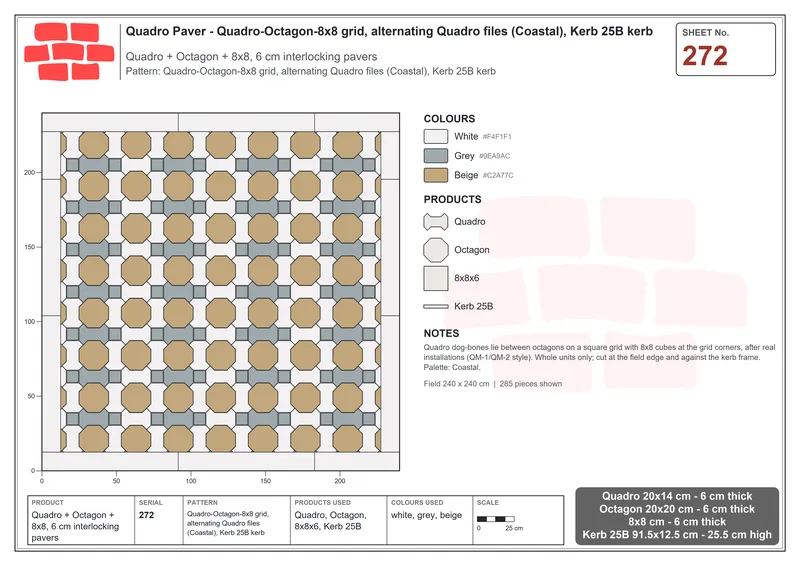 Interlock (Pasco) 20x14 cm · QUA-272 · Quadro-Octagon-8x8 grid, alternating Quadro files (Coastal), Kerb 25B kerb · Laying plan